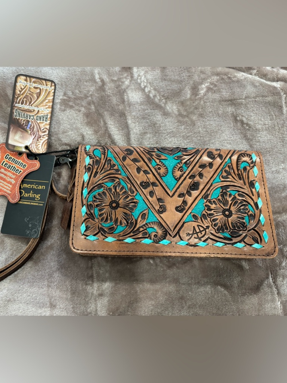 Hand-Tooled Brown Leather Clutch with Turquoise Inlay by - Picture 2 of 5
